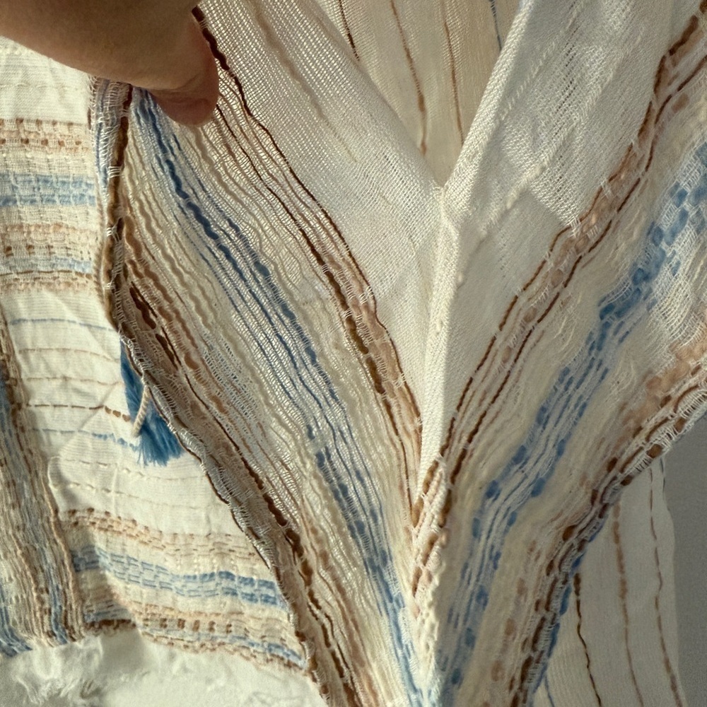 Chic Striped V-Neck Blouse - White, Blue, Tan - Picture 5 of 10